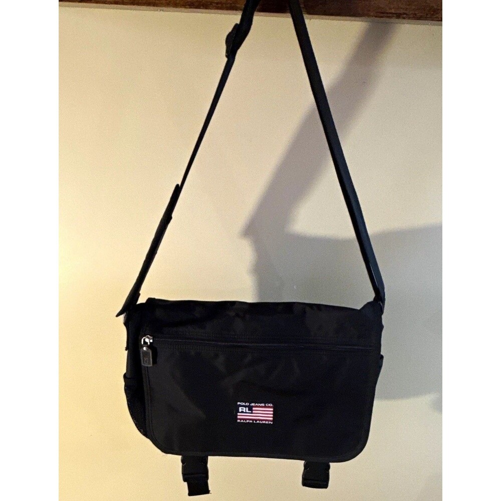 Polo Jeans Co. Ralph Lauren Black Messenger Bag Medium 90s Vintage Zip Buckle